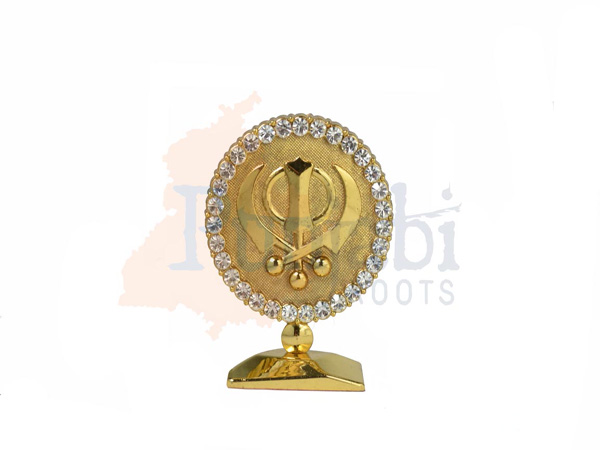 Gold Plated Natural Pippal Leaf Hindu Mantle Piece Sikh Khalsa Khanda Stand 